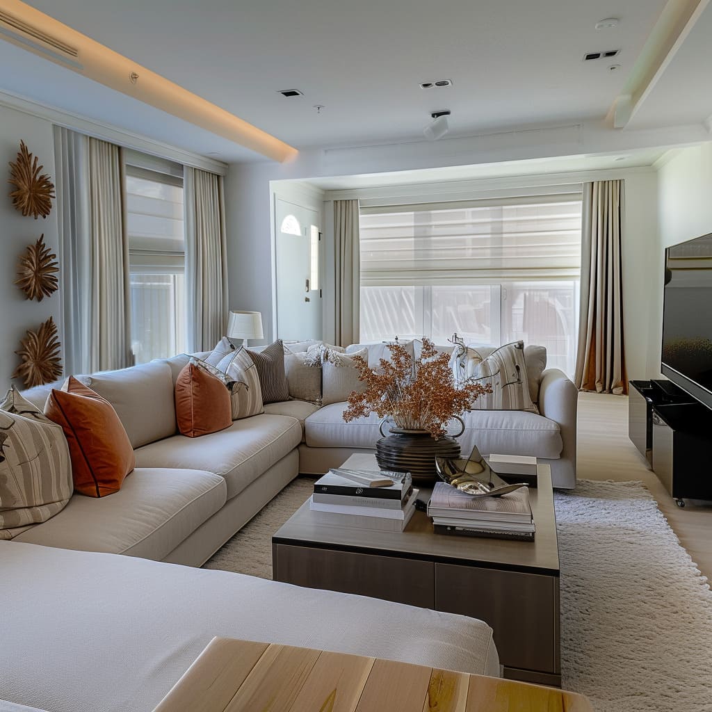 Floor to ceiling drapes add elegance to the living room