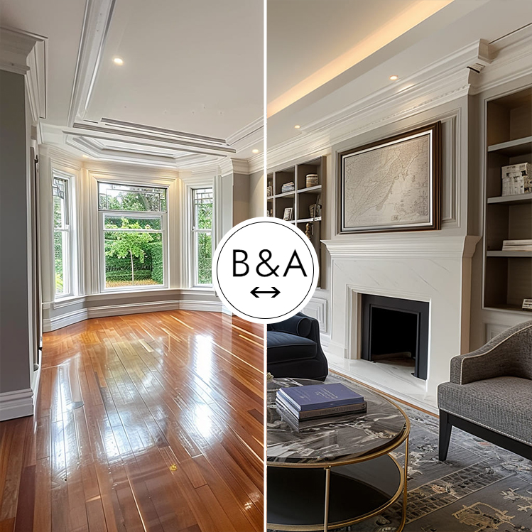 Living Room Makeover: Polished Hardwood and Ornate Fireplace Elegance