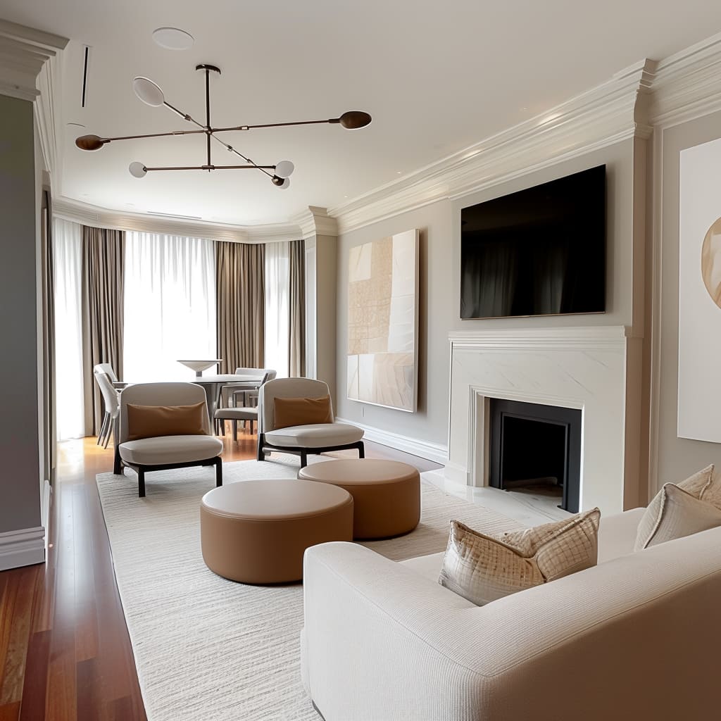 Gold frame decor pieces add a luxurious touch to the living room