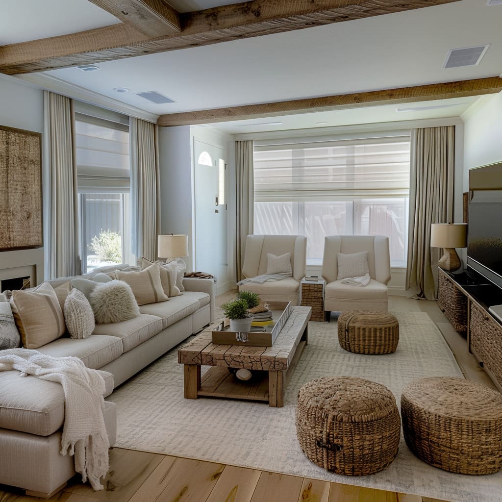 Natural wood flooring complements the living room s aesthetic