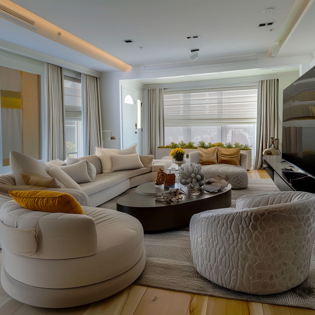 Neutral tones enhance the cohesive style of the living room