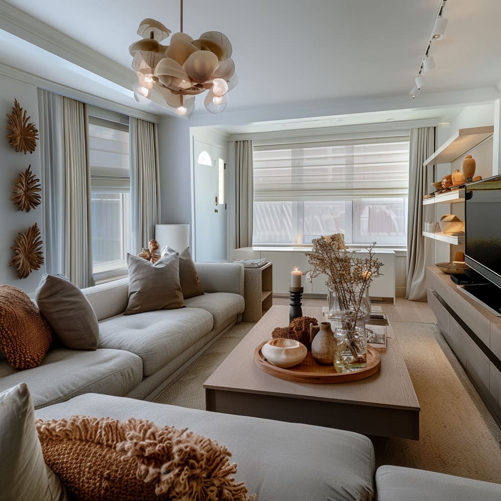 Recessed lighting highlights the living room s refined elements