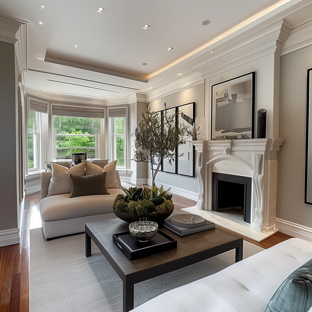 Soft grey walls create a calming living room environment