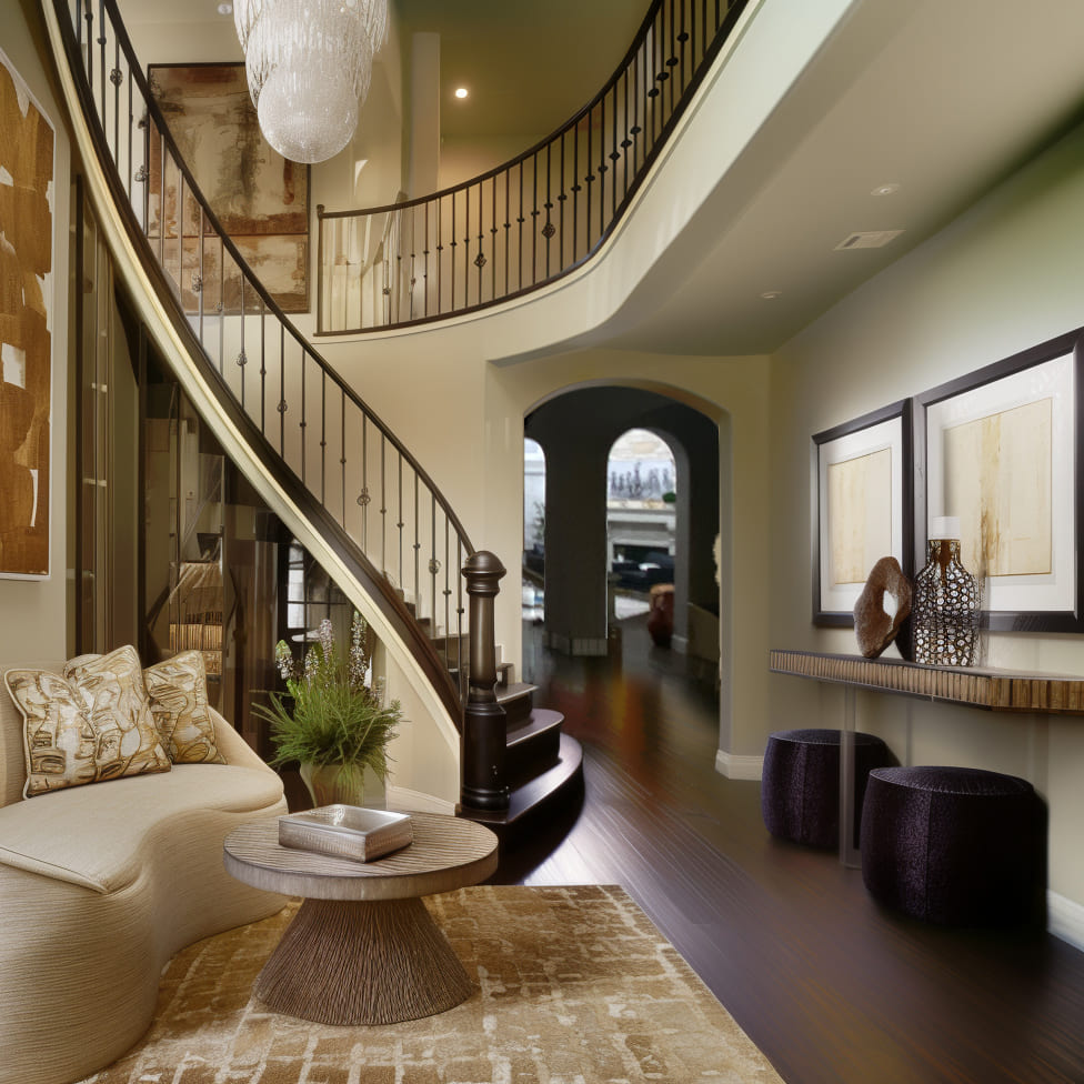 The chic living room includes a stunning chandelier.jpg
