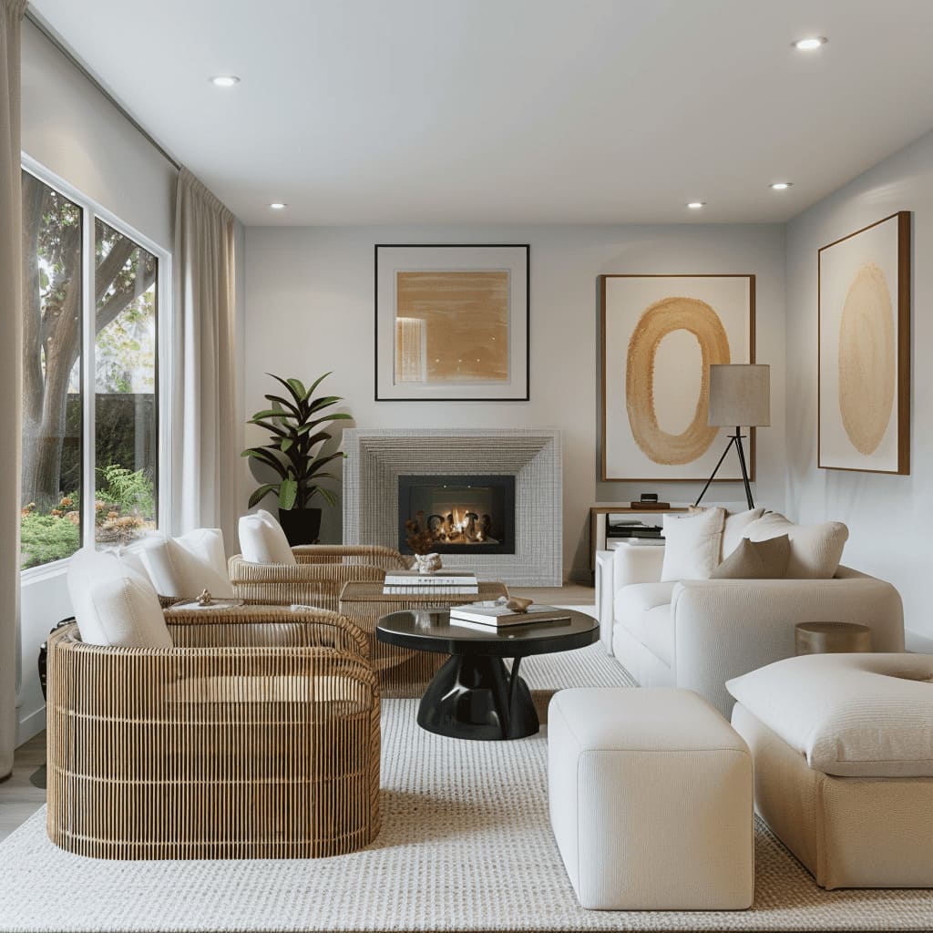 The cozy living room boasts a fresh floral arrangement and textured rugs