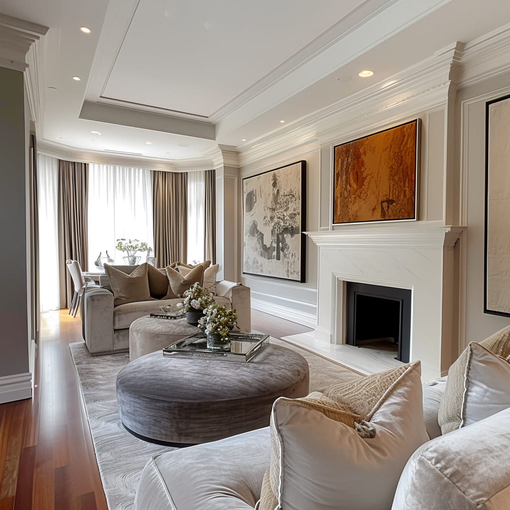 The living room features a dark stone backdrop for added depth