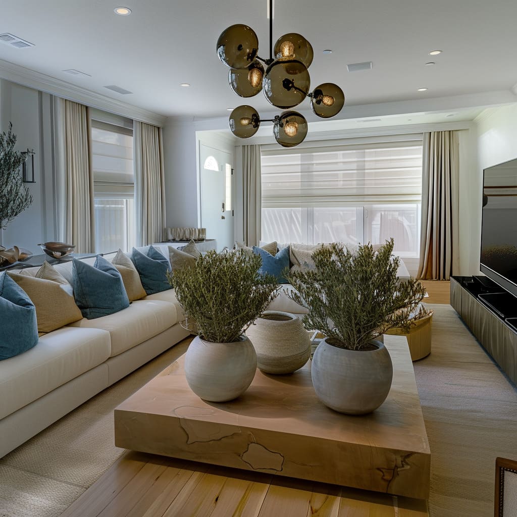 The living room features a large TV unit and plush furniture