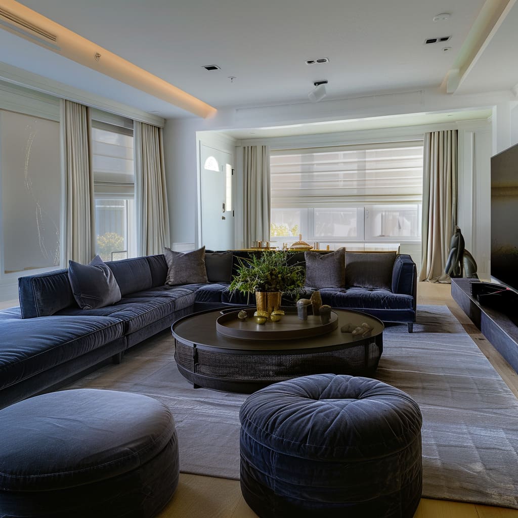 The living room has a sectional sofa with cozy throw pillows