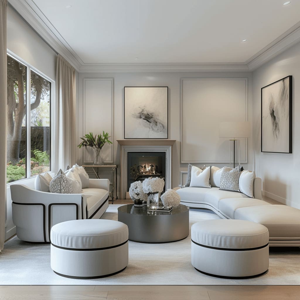 The minimalist living room highlights a simple color palette and clean lines