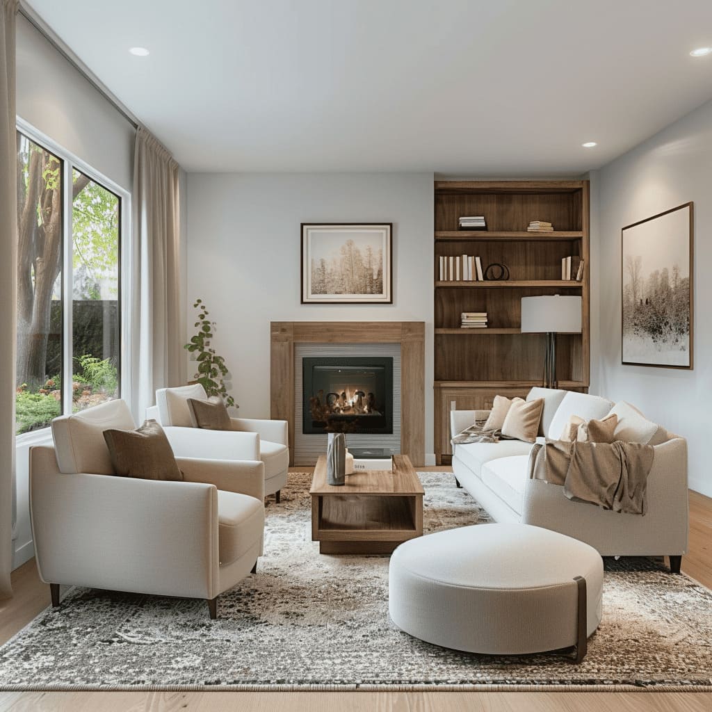 The modern living room uses glass top tables and pops of red in armchairs