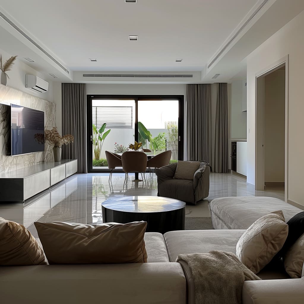 The stylish dining area in a contemporary living room