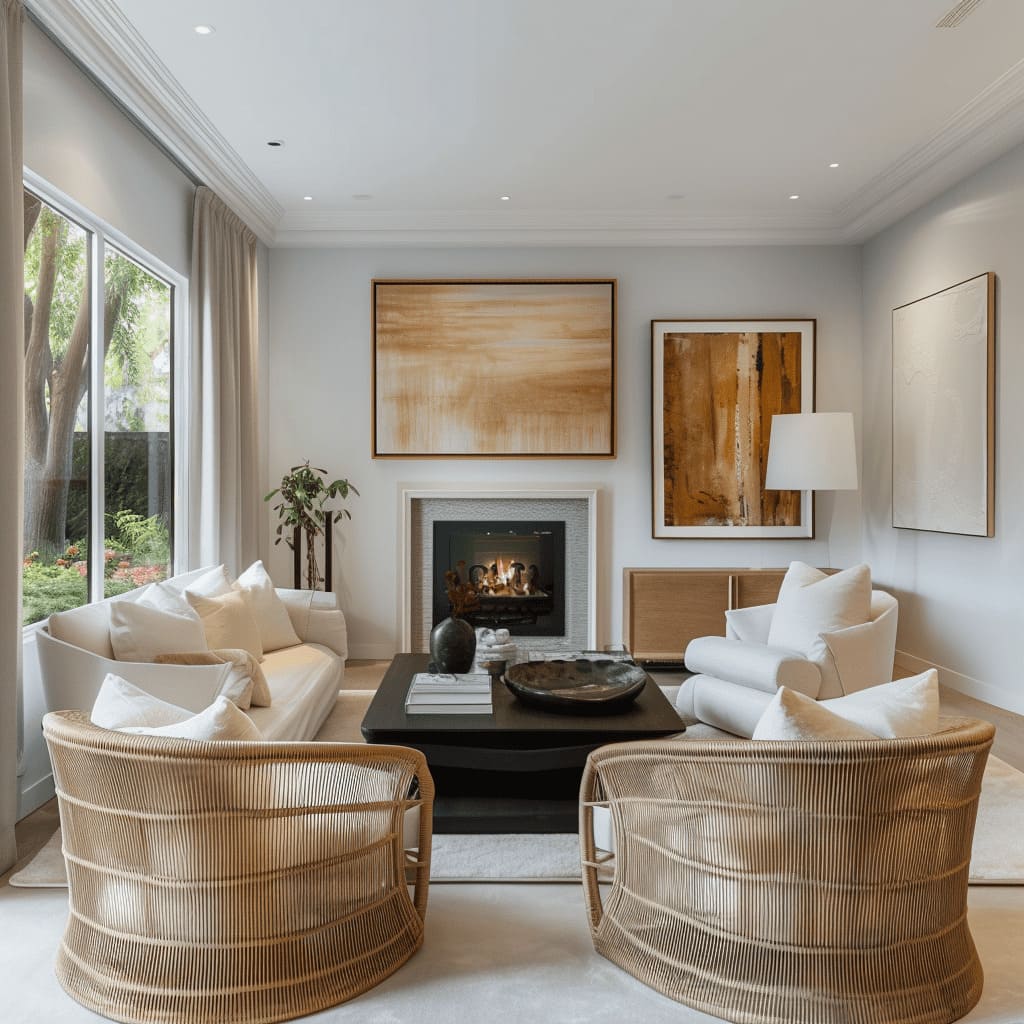 The stylish living room showcases a round coffee table and oversized mirrors