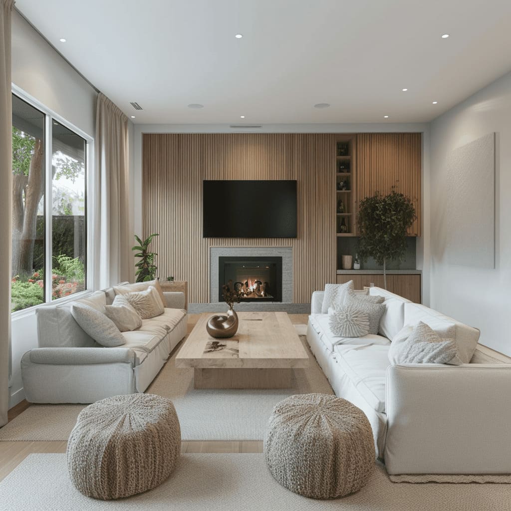 The traditional living room features a striking fireplace with a dark wooden mantel