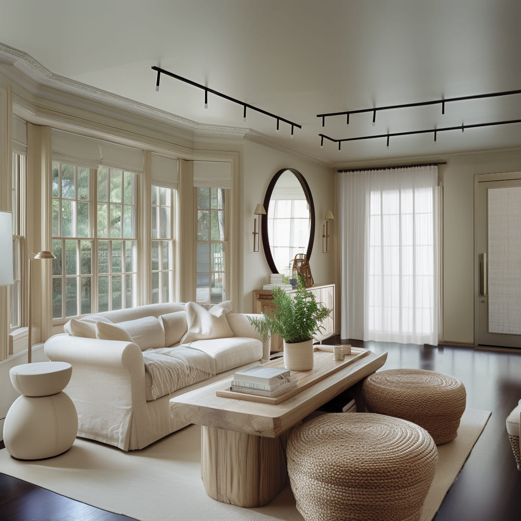 A distinctive color palette with peach and taupe tones creates a welcoming atmosphere in this sitting area