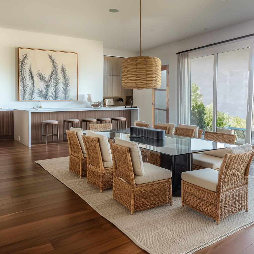 A kitchen with living room with wood finishes and stone accents offers a warm and grounded feel