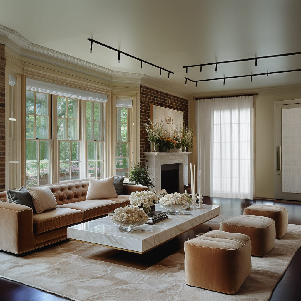 An original mix of beige walls and vibrant apricot decor elements brings warmth to this gathering area