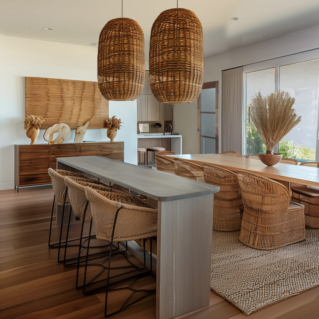 The kitchen with living showcases statement art with bold artwork that adds a pop of color and visual interest