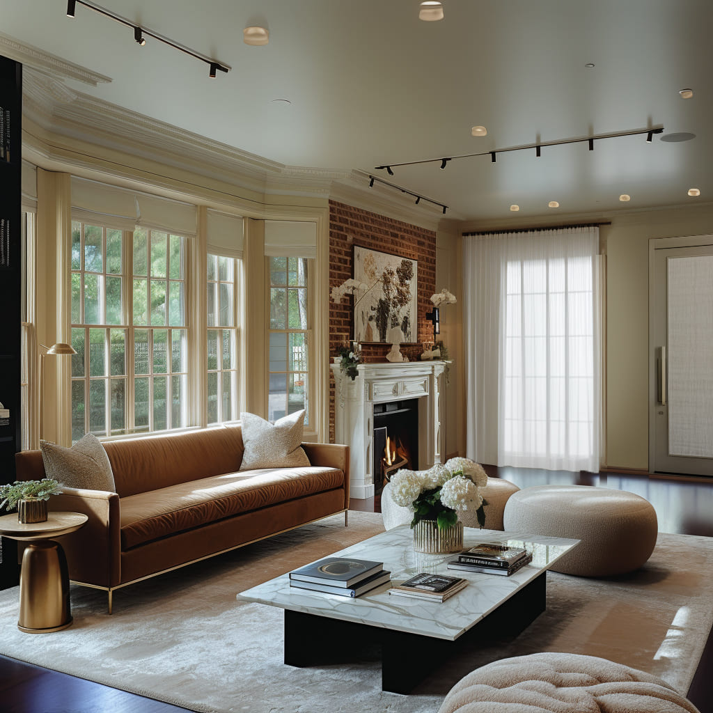 This inviting family space combines warm terracotta accents with light grey furniture for a balanced design