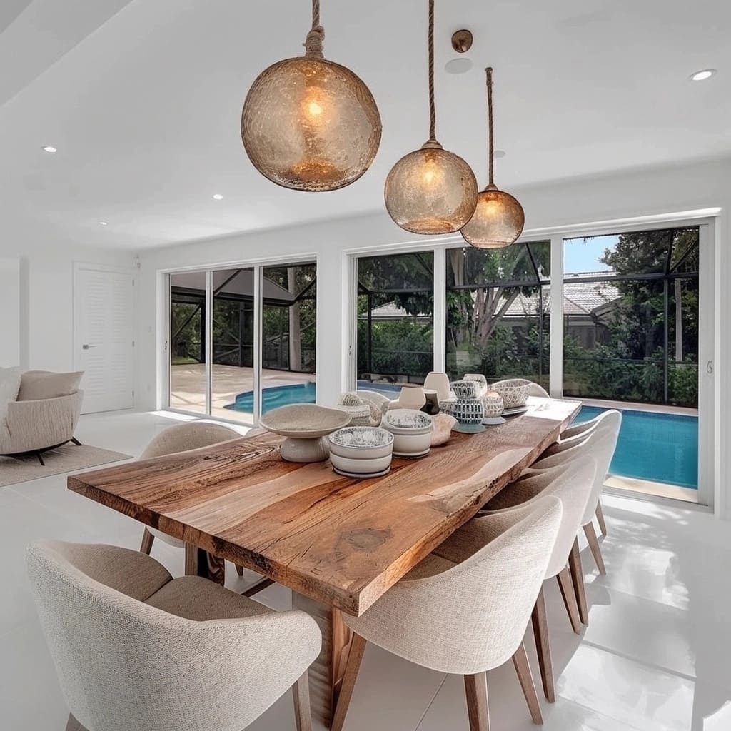 A chunky, solid wood table with visible grain patterns becomes the focal point, paired with light beige chairs that have a softer, curved silhouette.jpg