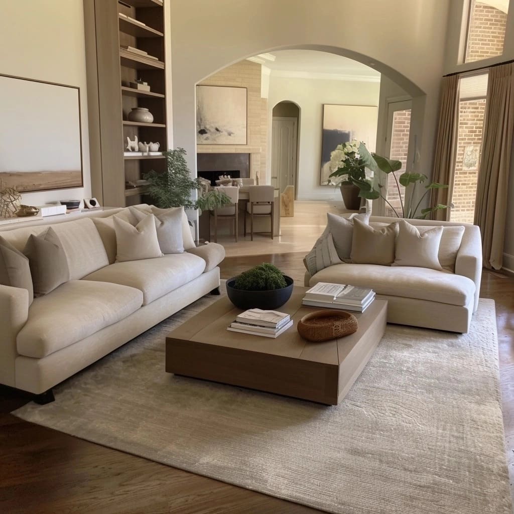 the square, low-profile coffee table, modern shelving, and the benefits of a neutral color palette for a tranquil living room environment.jpg