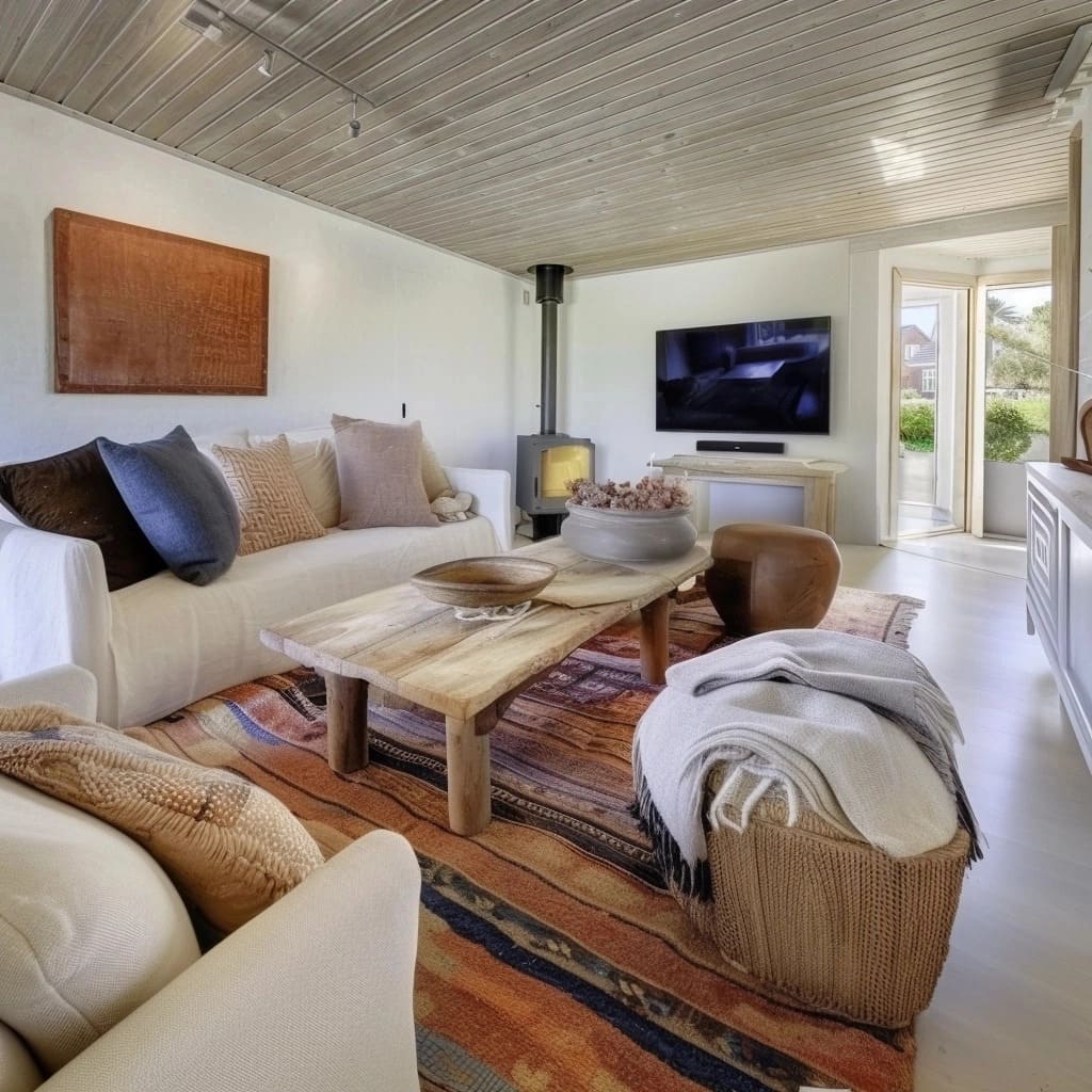 A live-edge coffee table adds a rustic touch, while the rug has been updated to a traditional woven pattern, blending terracotta, navy, and beige hues.jpg