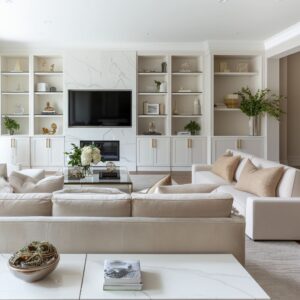 White Living Room Ideas: Redefining TV and Fireplace Walls as Modern Sculptures