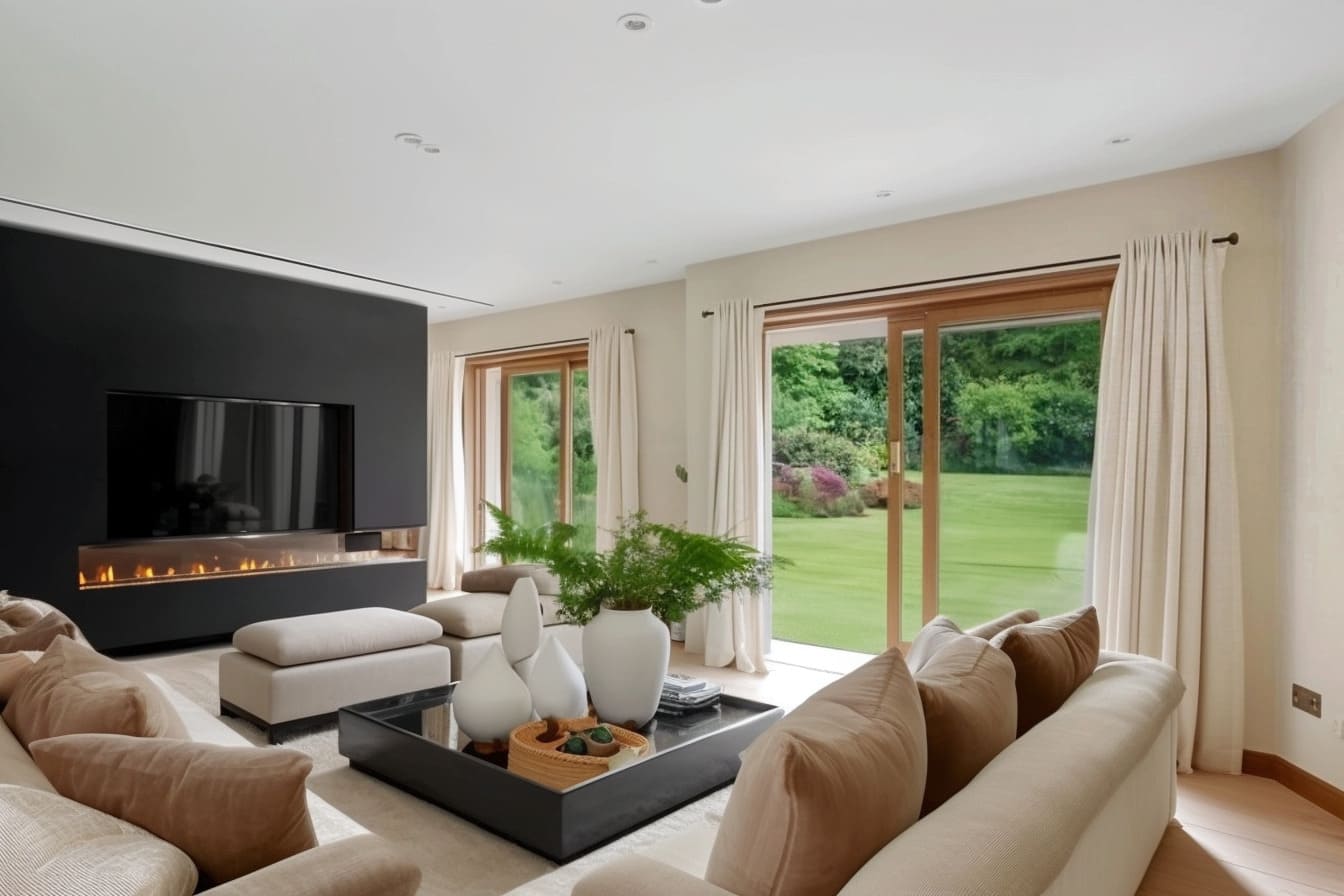 A custom black fireplace wall with an integrated linear gas fireplace commands attention