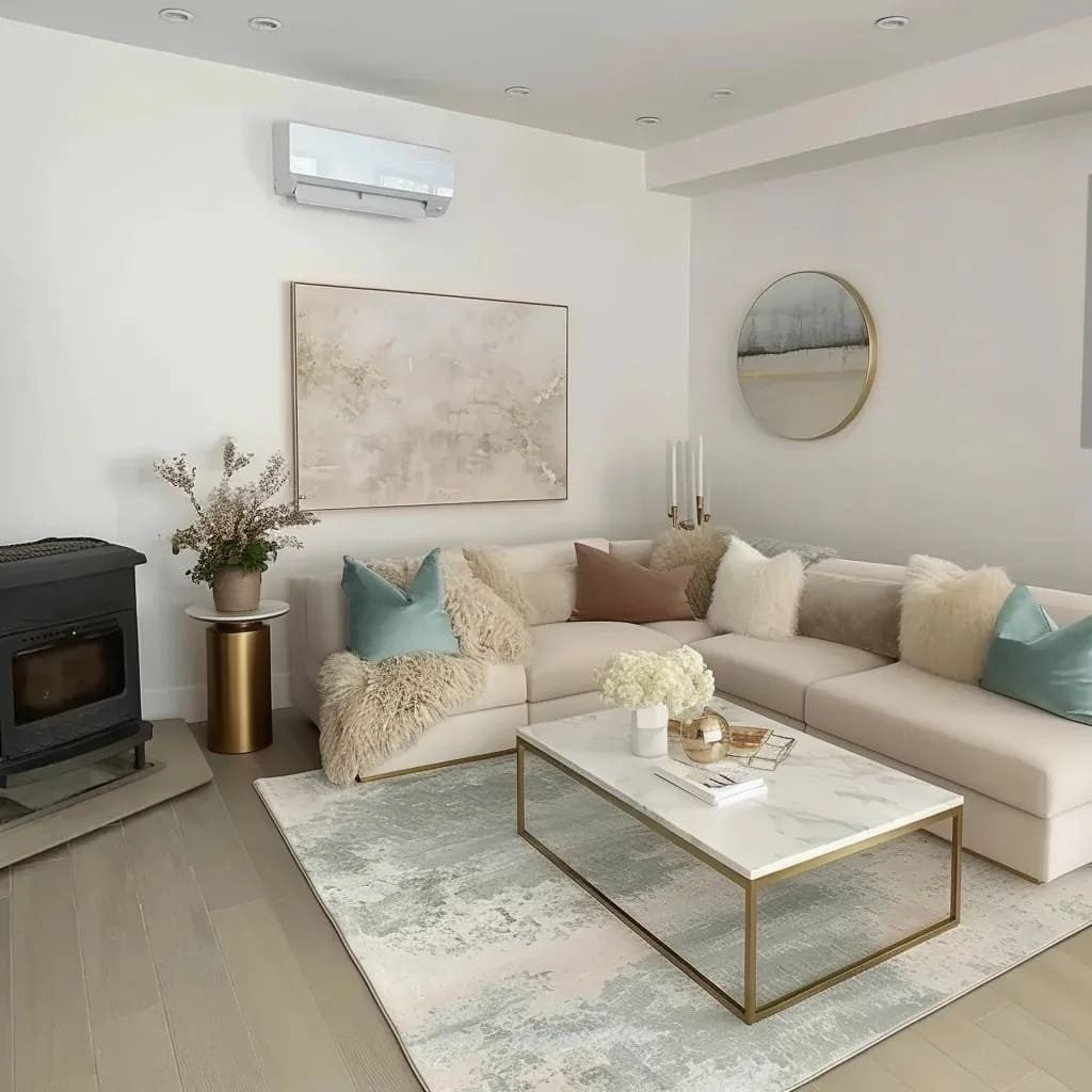 A modern rectangular coffee table with a white marble top and slim golden frame adds an understated elegance to the space