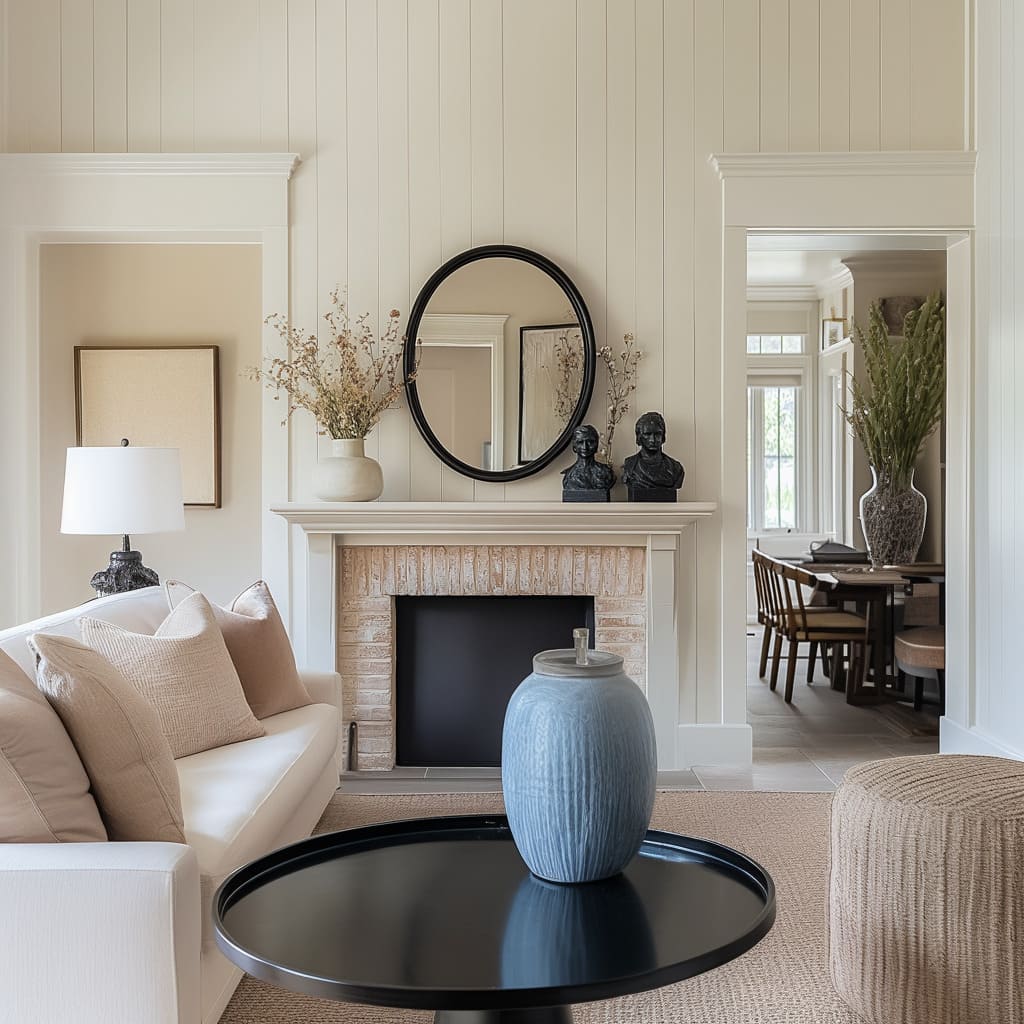 Decor elements on the mantel are curated carefully, including dried floral arrangements and a pair of vintage busts in dark bronze tones Decor elements on the mantel are curated carefully, including dried floral arrangements and a pair of vintage busts in dark bronze tones