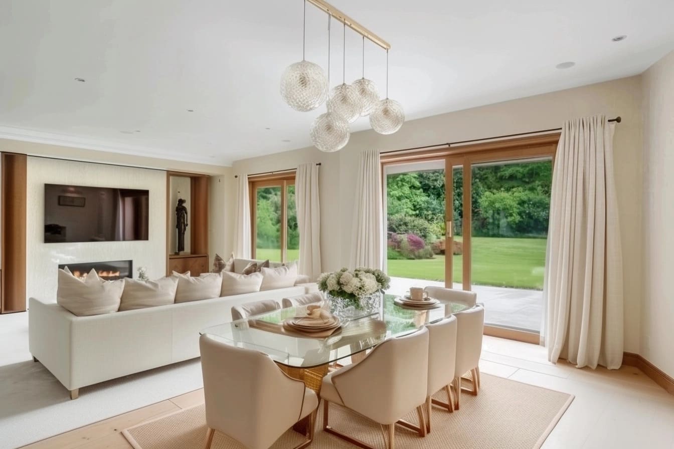 The furniture ensemble includes a generously sized sectional sofa and a dining set with a glass-top table