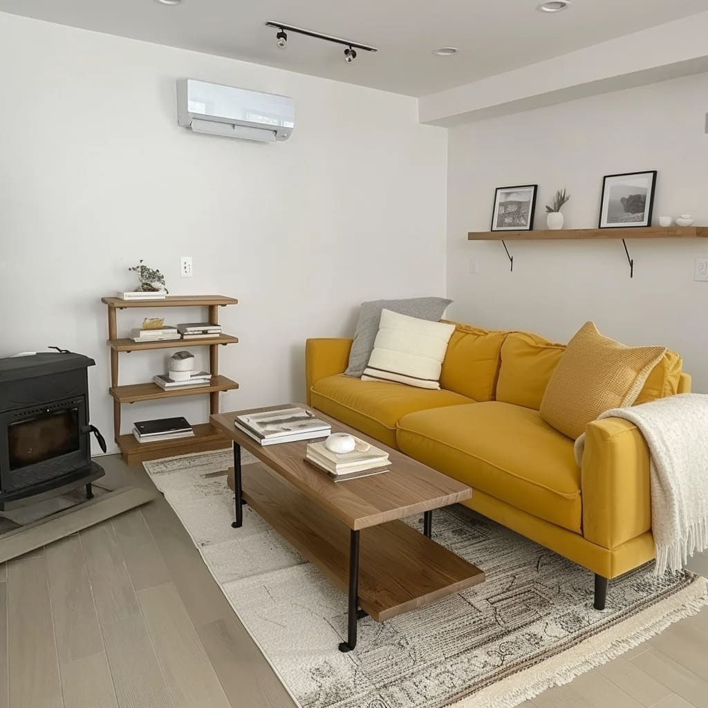 The sofa is styled with textured cushions and a soft cream throw blanket to add layers of comfort