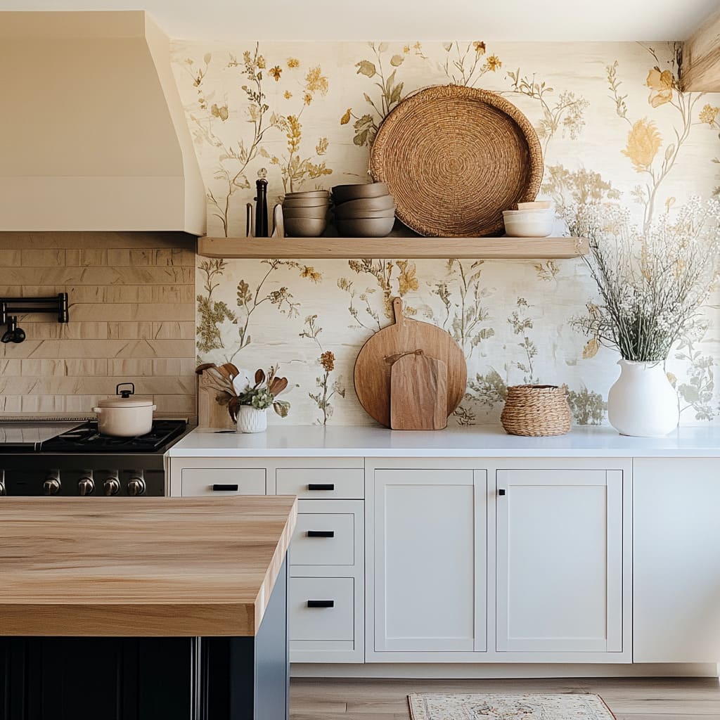 The warm wood textures throughout this kitchen enhance the cozy feeling brought by the botanical wallpaper