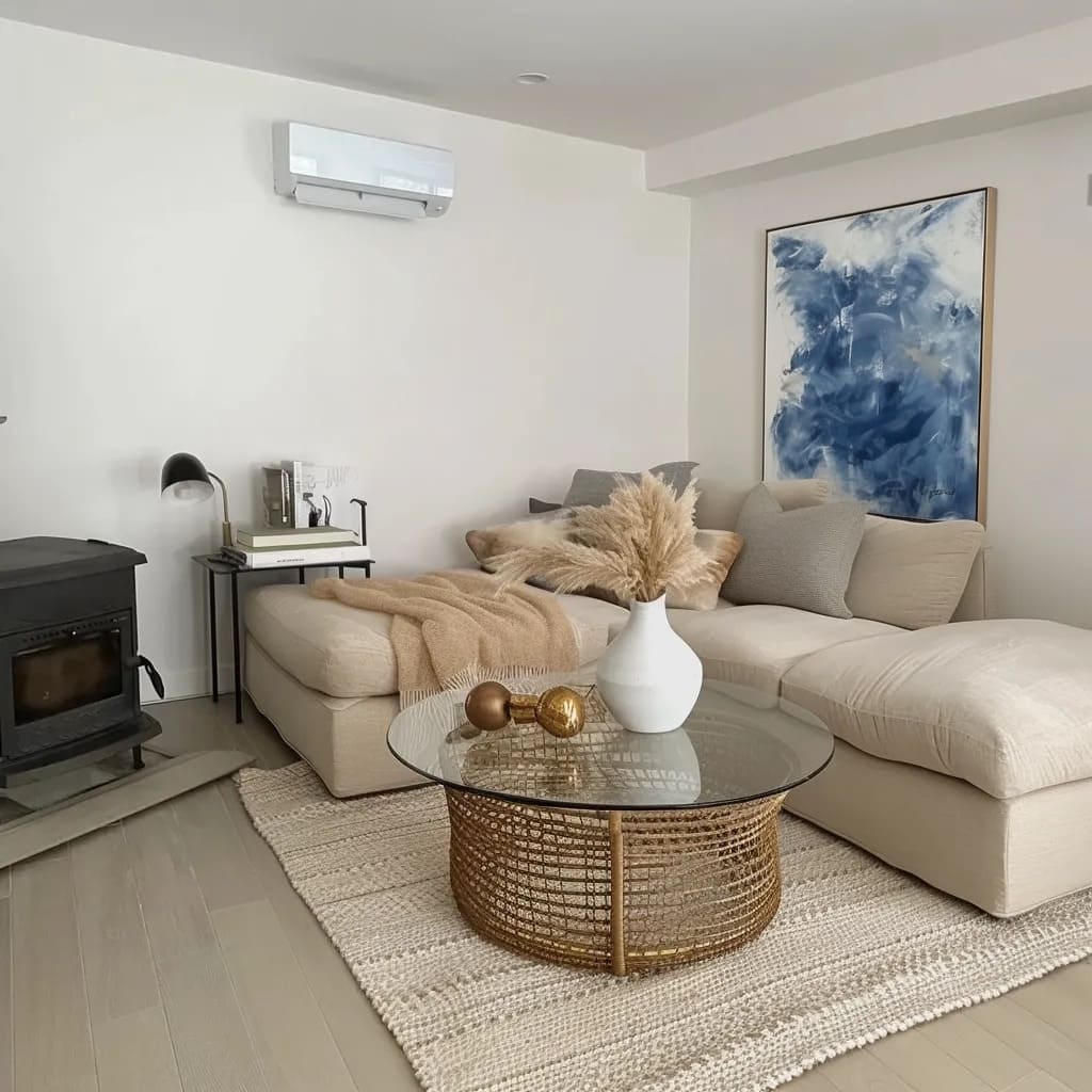 This makeover transforms the living room into a sophisticated and serene space with neutral tones and subtle textures