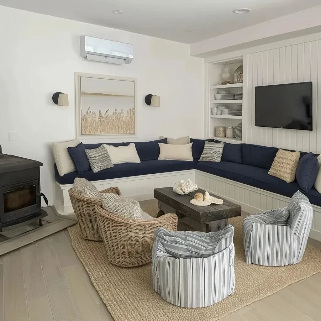 a custom-built bench with deep navy-blue cushions, surrounded by pillows in neutral and textured patterns