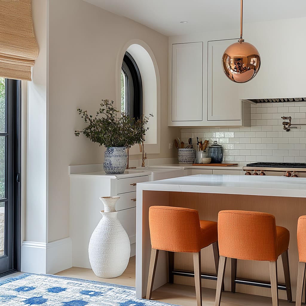 A predominantly white cabinetry and quartz countertops provide a clean, neutral canvas, allowing the burnt orange chairs to take center stage as the primary color accent A predominantly white cabinetry and quartz countertops provide a clean, neutral canvas, allowing the burnt orange chairs to take center stage as the primary color accent