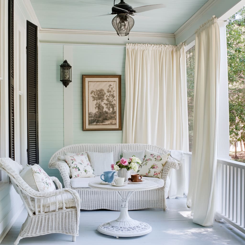 An airy porch captures the essence of Southern veranda living, with a soft, romantic color palette and classic wicker furniture that evokes vintage garden aesthetics An airy porch captures the essence of Southern veranda living, with a soft, romantic color palette and classic wicker furniture that evokes vintage garden aesthetics