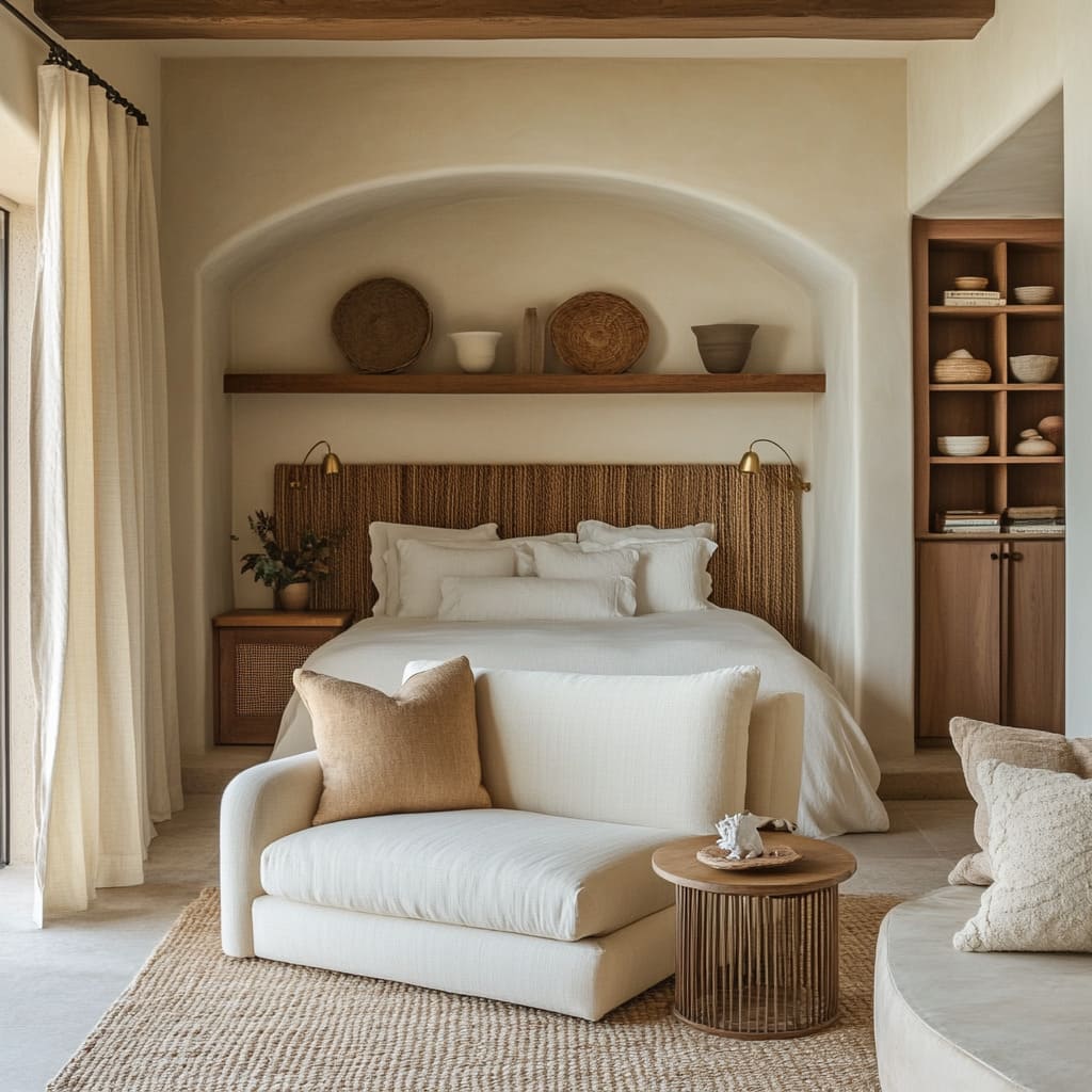 The dominant soft cream wall color serves as a backdrop for natural materials, allowing the textural elements to take center stage The dominant soft cream wall color serves as a backdrop for natural materials, allowing the textural elements to take center stage