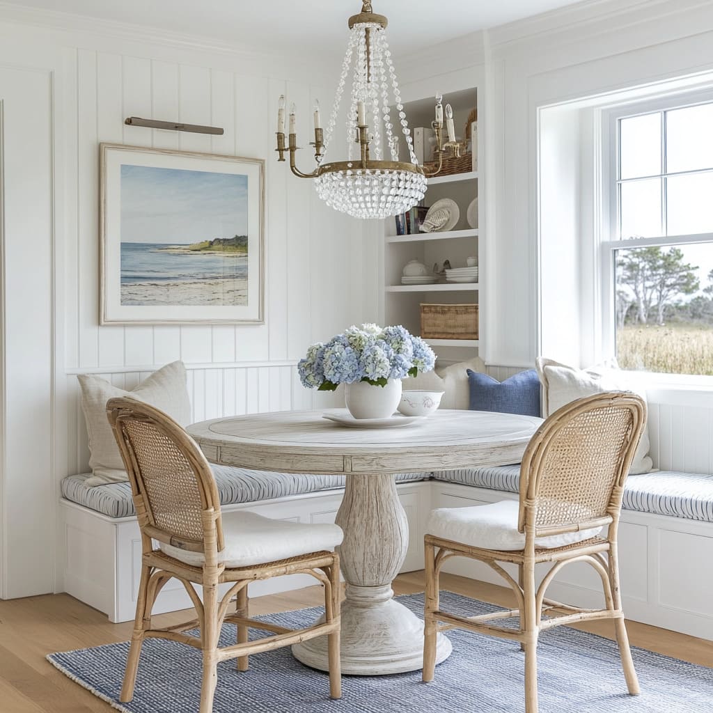 This charming breakfast nook combines coastal influences with cottage aesthetics, using a muted color palette, elegant woodwork, and refined textures This charming breakfast nook combines coastal influences with cottage aesthetics, using a muted color palette, elegant woodwork, and refined textures