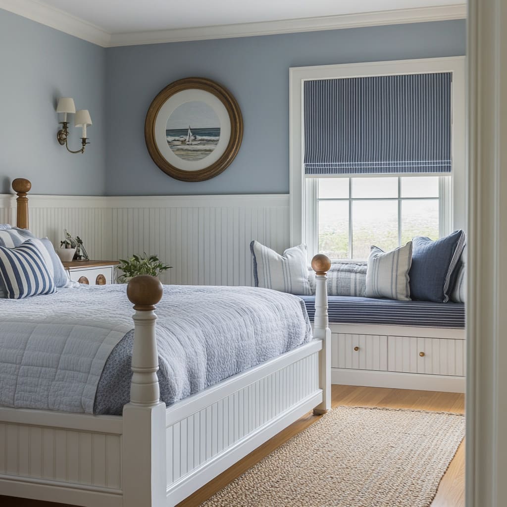 This room captures the essence of a beachside retreat, with a serene blue-and-white color palette, vintage furniture, and cozy textures This room captures the essence of a beachside retreat, with a serene blue-and-white color palette, vintage furniture, and cozy textures