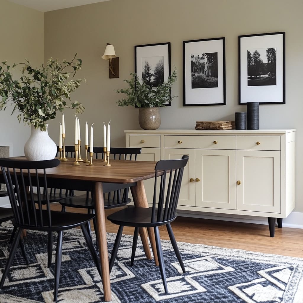 This space takes a more sophisticated approach to mid-century modernism, incorporating cream-colored furniture and bold black dining chairs