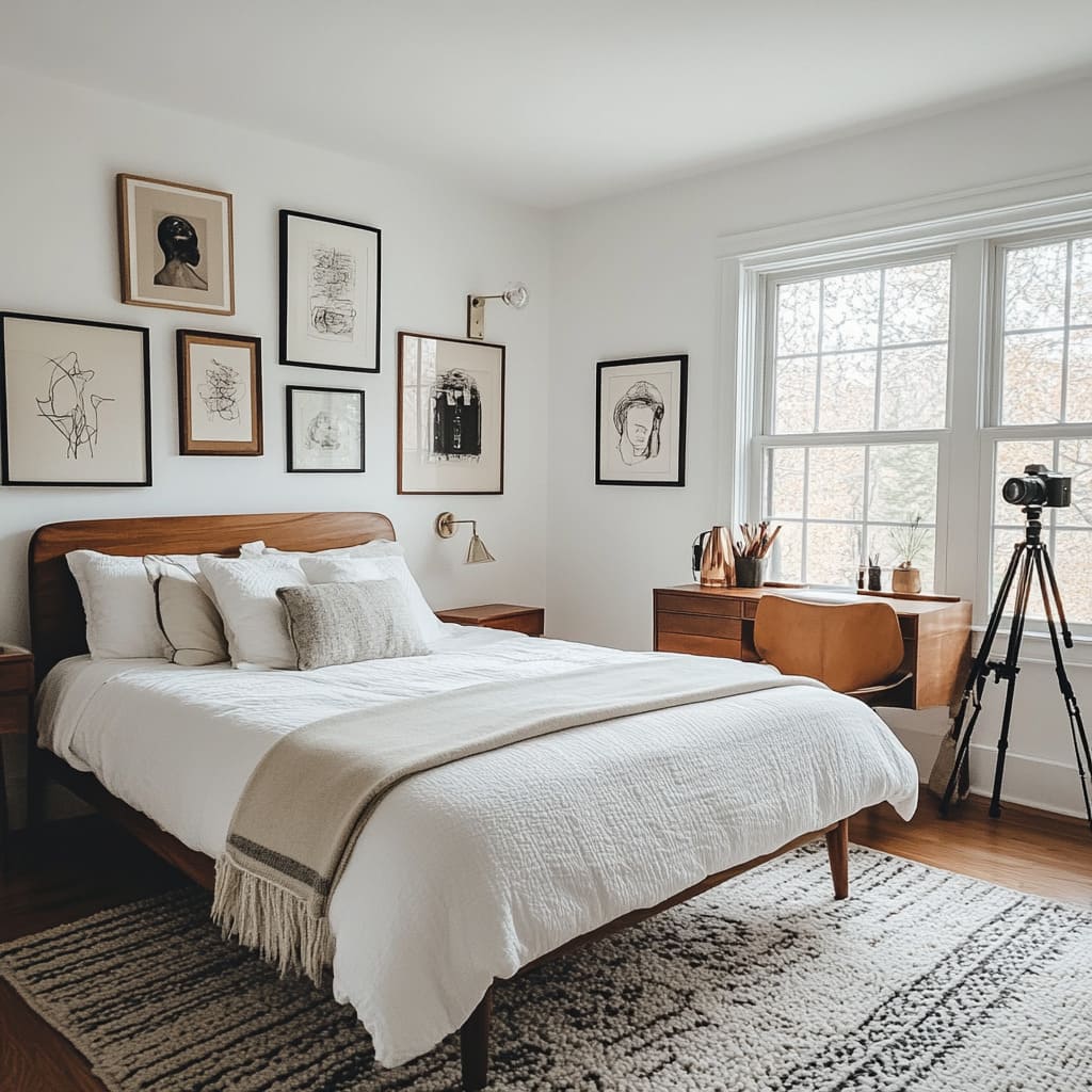 A curated gallery wall behind the bed features a mix of modern and vintage-inspired artwork, with pieces varying in size and frame color