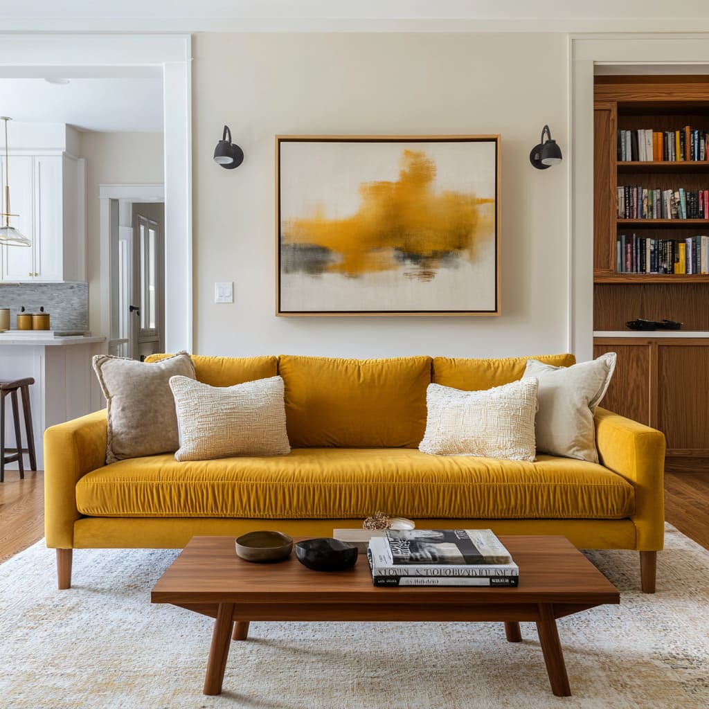 A living room takes a more luxurious approach to yellow, incorporating a deep mustard-colored velvet sofa with a plush, ruched texture A living room takes a more luxurious approach to yellow, incorporating a deep mustard-colored velvet sofa with a plush, ruched texture