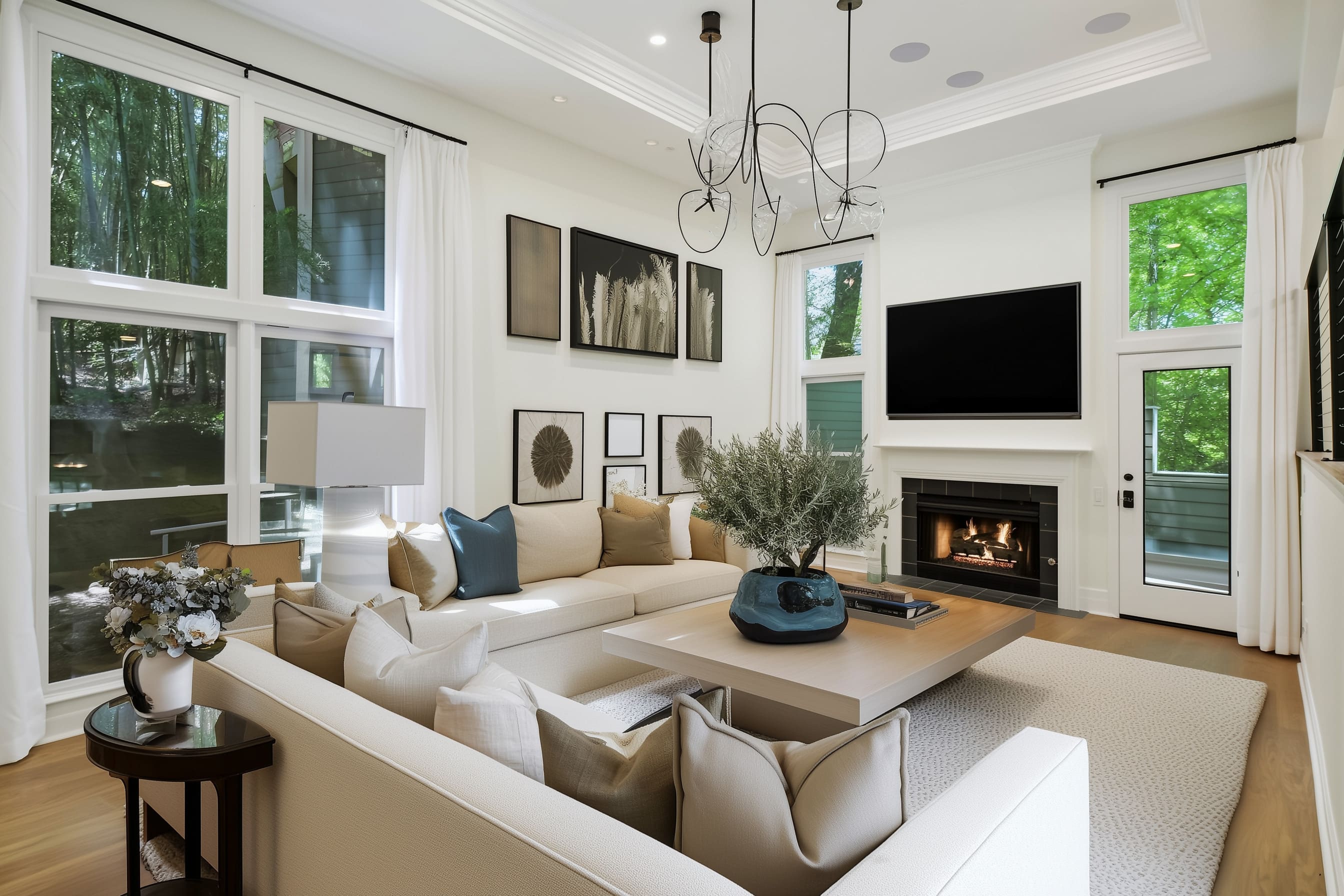 A large sectional in pale almond upholstery creates a welcoming L-shaped configuration around a wide, square wood coffee table in soft oak tones