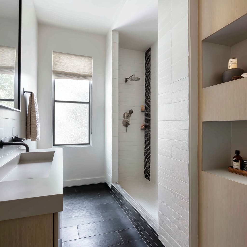 A minimalist black and white bathroom features a compact layout anchored by deep charcoal porcelain tiles laid in a staggered horizontal layout on the floor