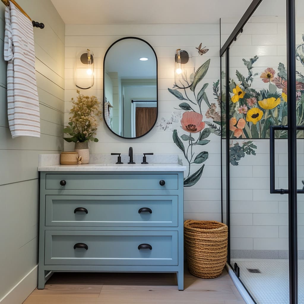 A small but expressive bathroom filled with whimsical color and botanical energy, this space leans into cottagecore aesthetics blended with refined Boho touches