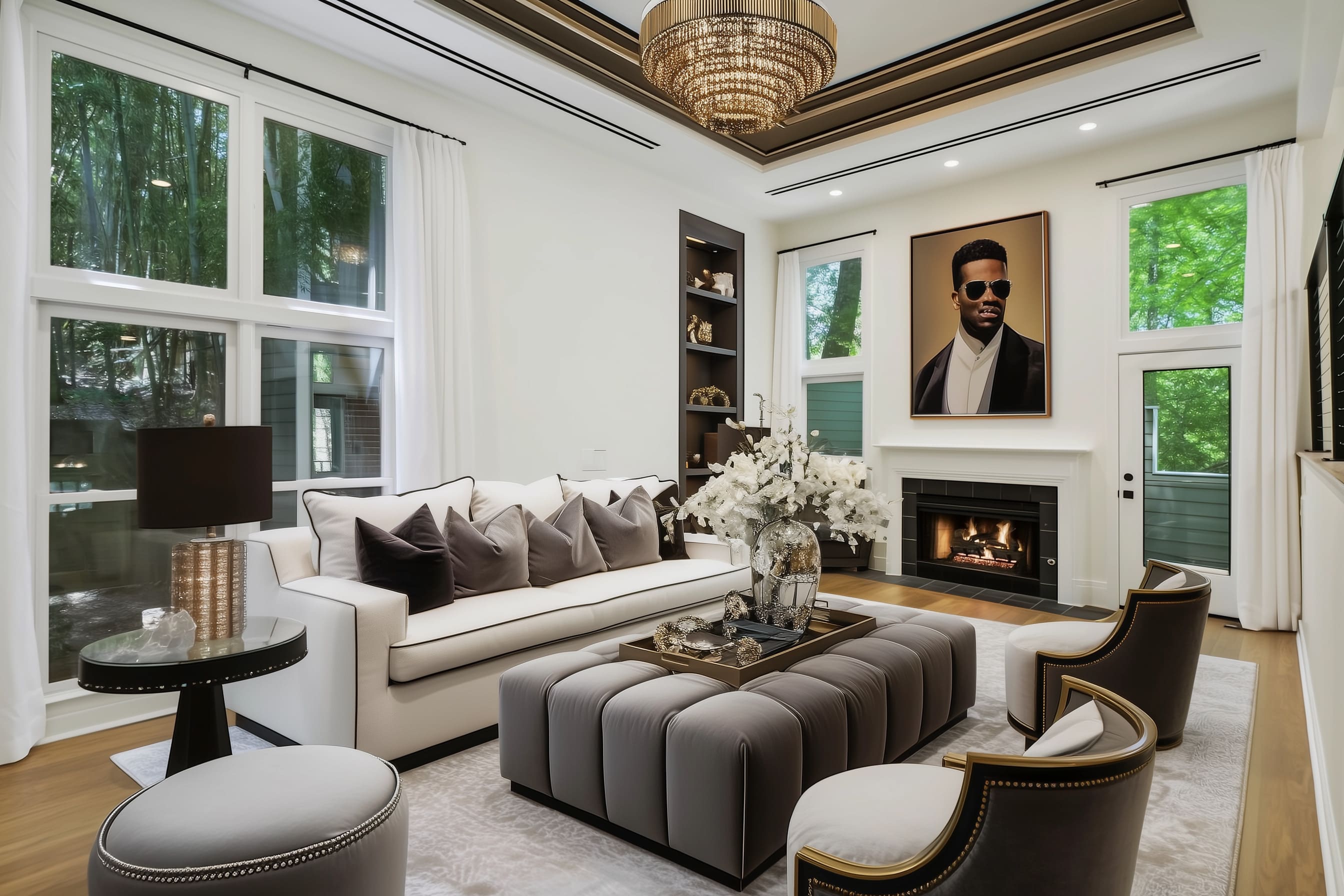 In this refined transformation, the living room has taken on a bold, dramatic character while maintaining a high-end and structured layout