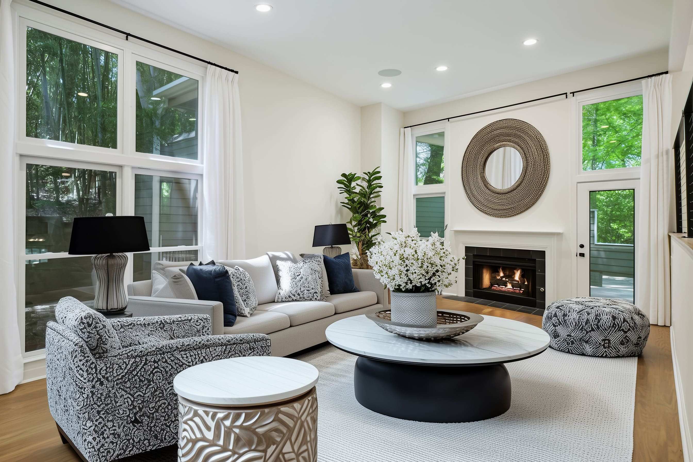 The furniture features a traditional sofa with subtle tufting and smooth arms, upholstered in oatmeal beige and layered with cream, navy, and intricate patterned pillows