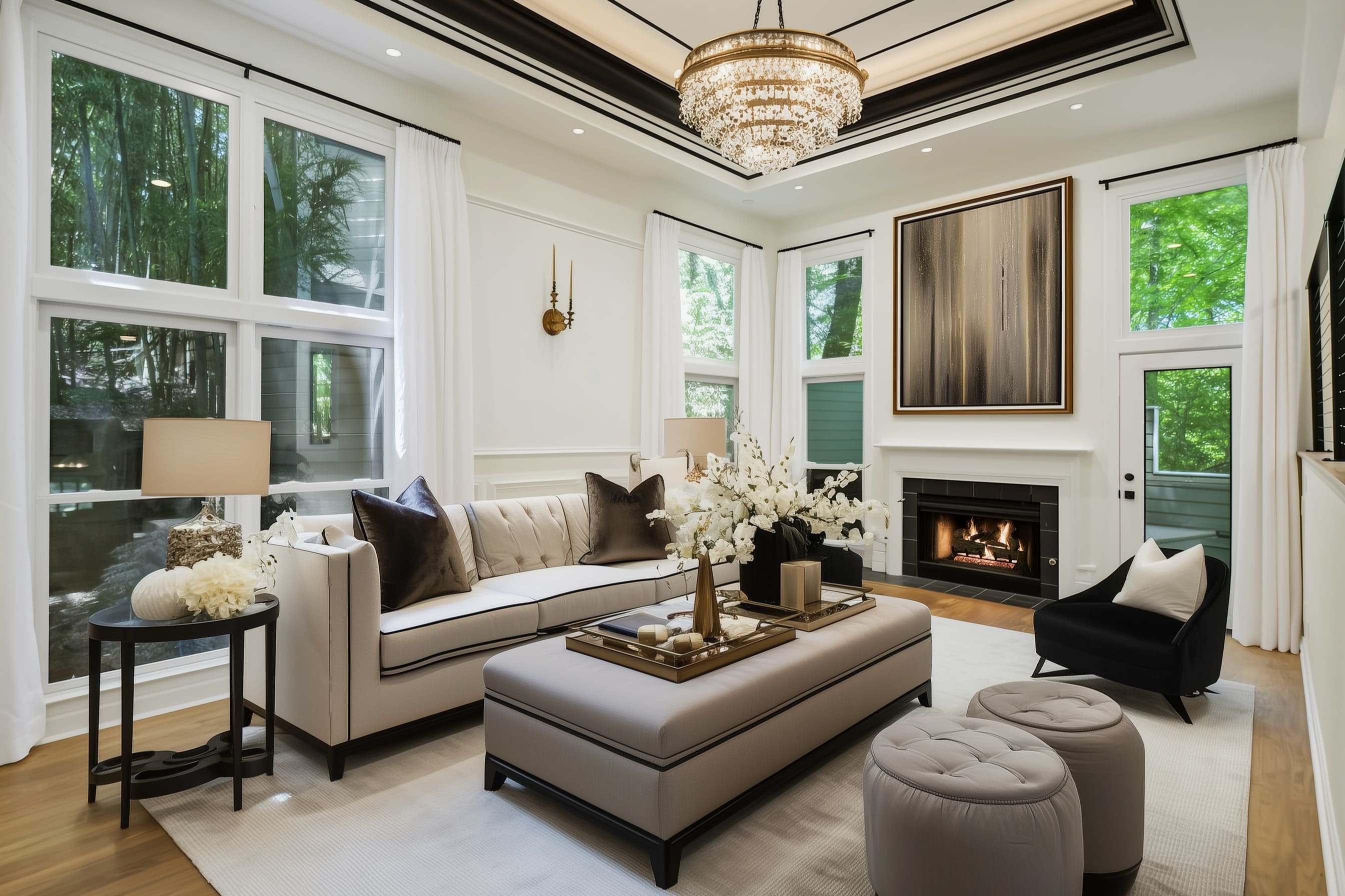 The furniture layout is crisp and symmetrical, starting with a channel-tufted cream sofa trimmed with black piping and paired with rich chocolate brown velvet pillows