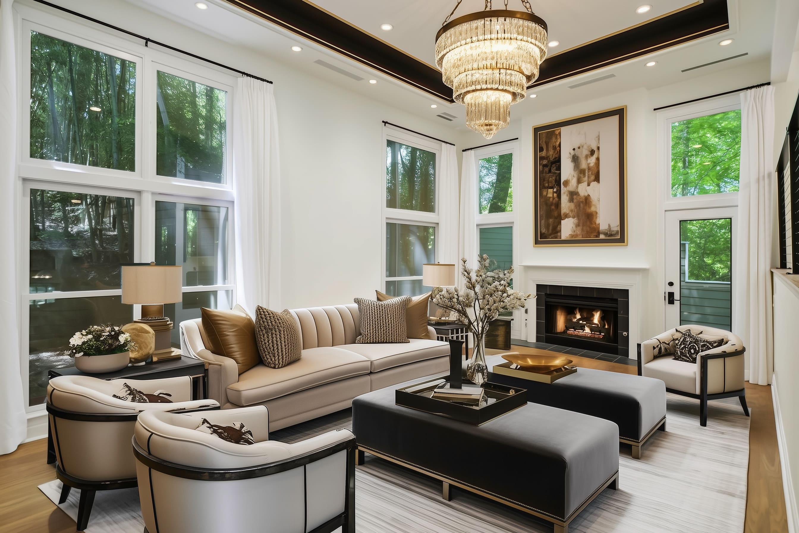 The main sofa is a refined channel-back design in a creamy warm tone with camel-colored seat cushions. Its long bench seat keeps it streamlined look