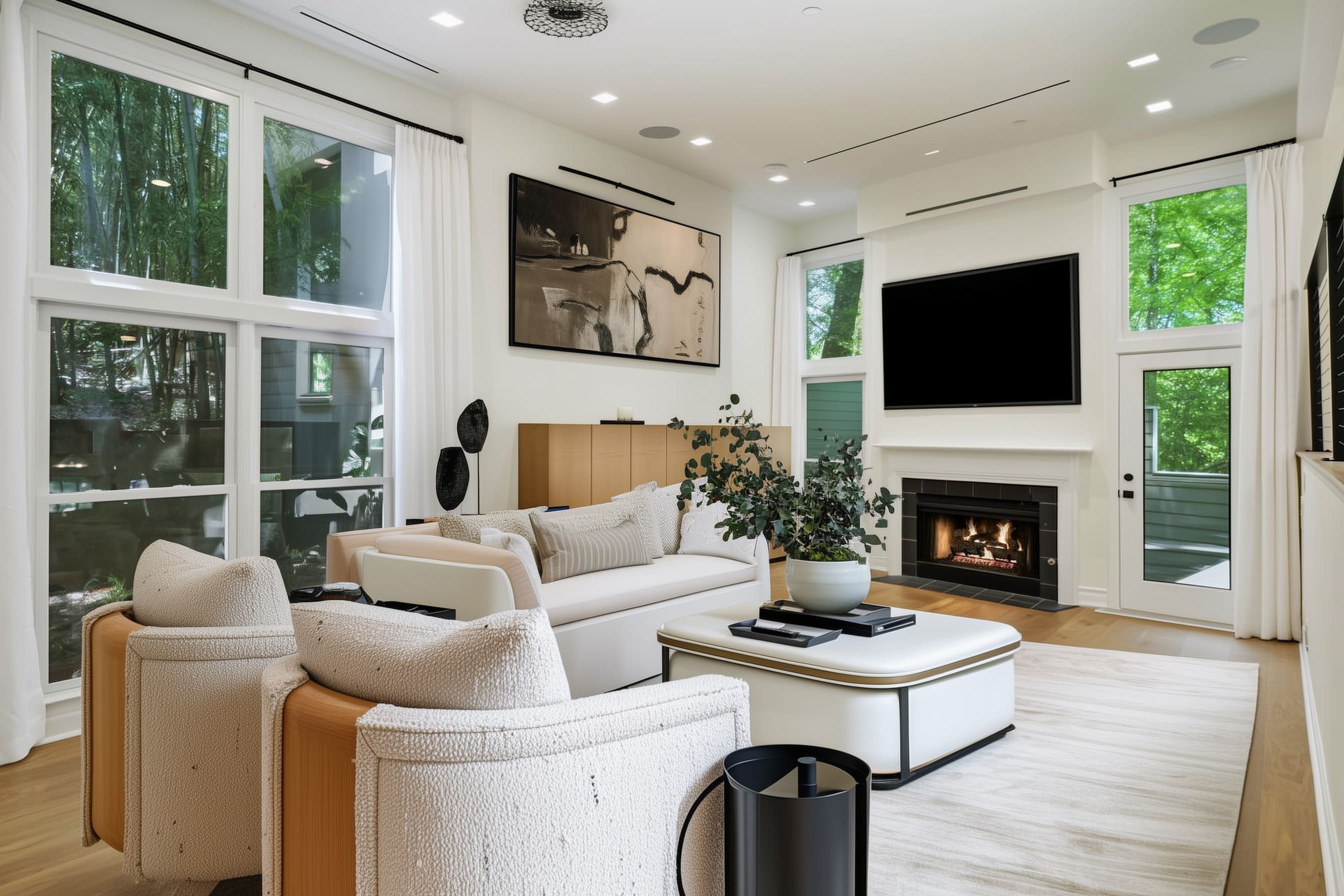 The seating area features a two-piece arrangement anchored by a plush ivory sectional with sleek low-profile arms and subtle piping along the edges
